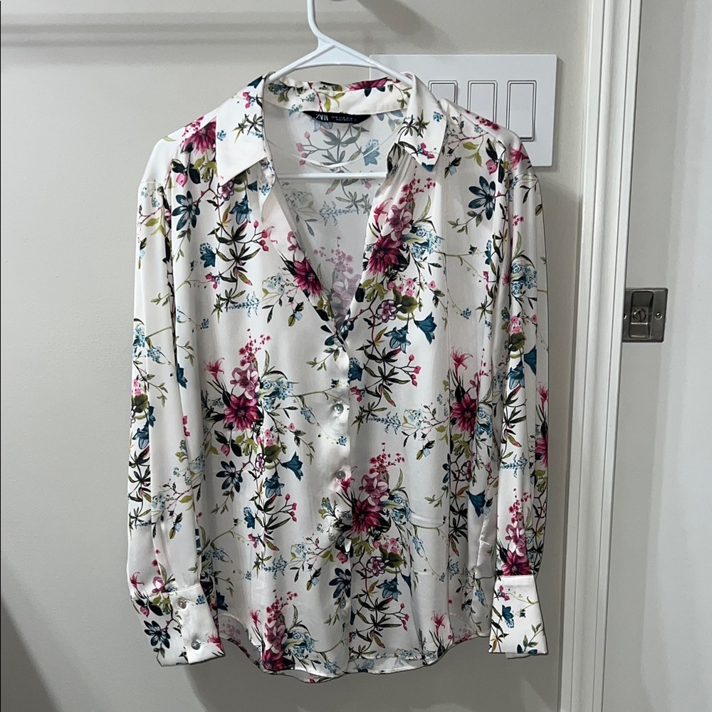 Zara White Floral Blouse